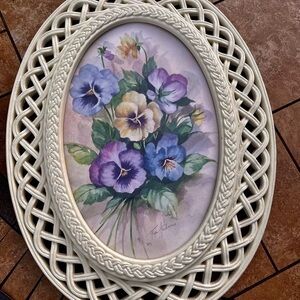 Vintage flowers print Homco Fran Anderson Pansy Framed Off White Lattice Frame